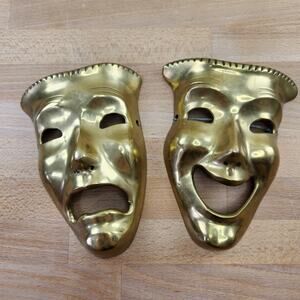 Vintage 1970s Brass Theatre Masks- Comedy & Tragedy- Drama- Wall Hanging
